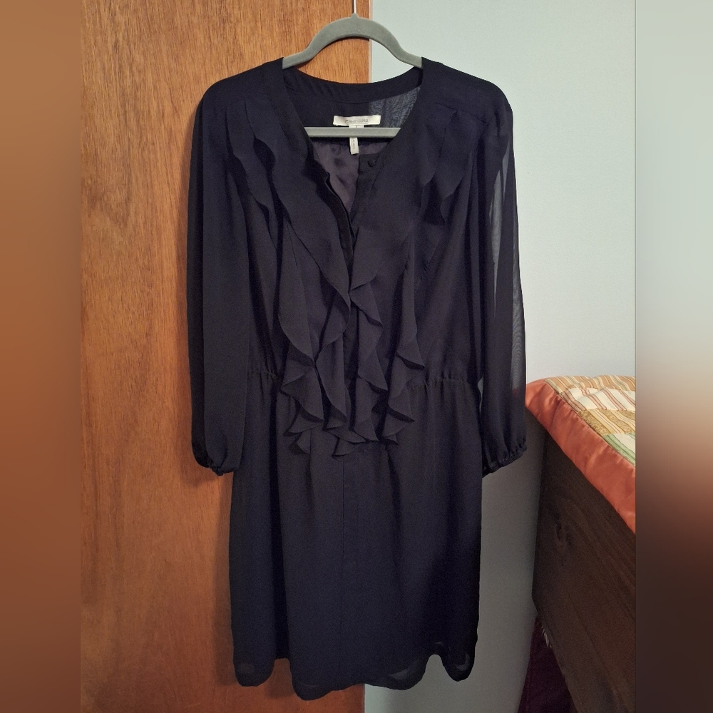 Max And Cleo Elegant Black Lined Ruffle Dress, Sheer Sleeves Size L